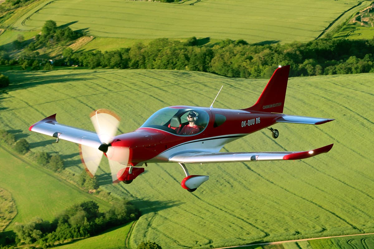 Close front-quarter of the Bristell TDO with spinning propeller